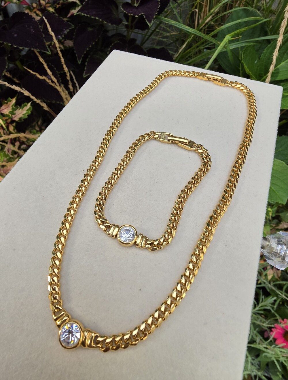 Butler: Gold Chain Necklace and Bracelet Set with Crystal Accent